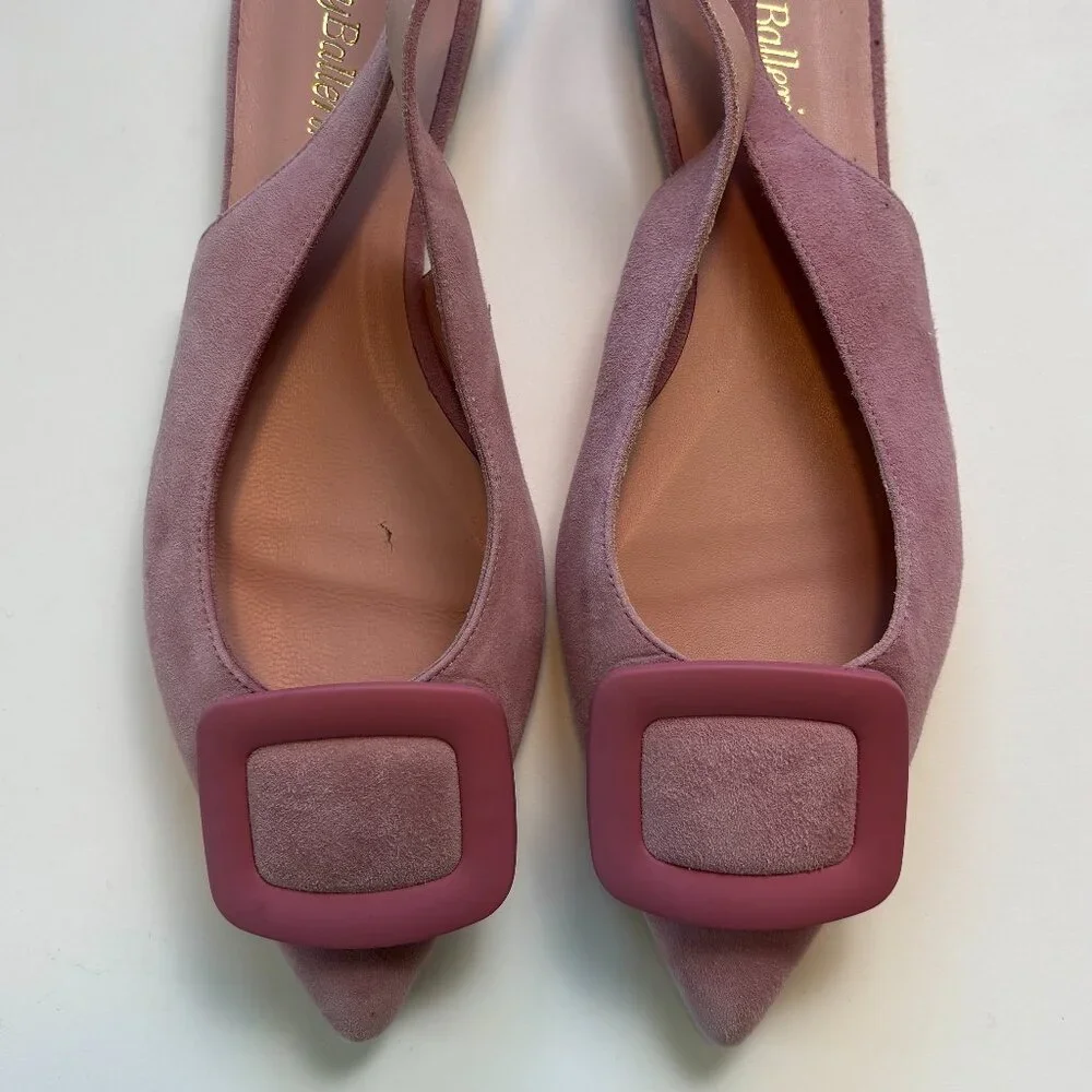 Pretty Ballerinas Suede‎ Slingback Flats 38 Pink Buckle Pointed Toe Spain